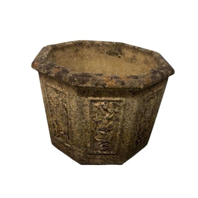 2000 - 2009 Pair of Vintage Hexagonal Cast Stone Garden Planters With Relief Wildlife Panels For Sale - Image 5 of 12
