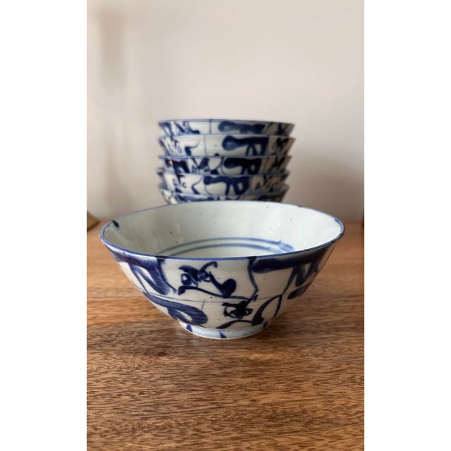 Chinese Antique Chinese Hand-Painted Blue & White Porcelain Bowls, C. 1800s-Set of 6 For Sale - Image 3 of 8