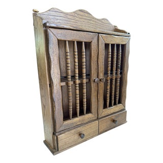 Late 19th Century Victorian Oak Spindle-Door Wall Cabinet — Barley-Twist Doors, Two Drawers, Hanging Display Case For Sale