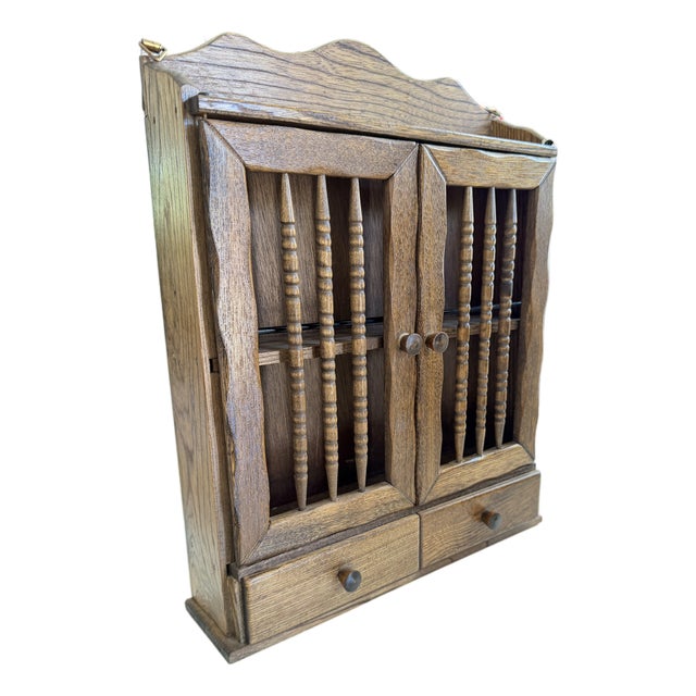 Late 19th Century Victorian Oak Spindle-Door Wall Cabinet — Barley-Twist Doors, Two Drawers, Hanging Display Case For Sale