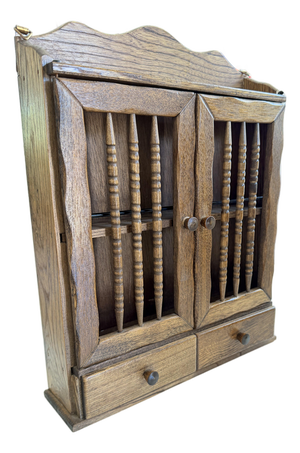Late 19th Century Victorian Oak Spindle-Door Wall Cabinet — Barley-Twist Doors, Two Drawers, Hanging Display Case