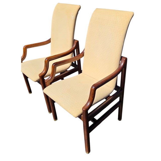1980s 1980s 2 Henredon Scene One Campaign Dining Room Armchairs MCM Oak Brass For Sale - Image 5 of 14