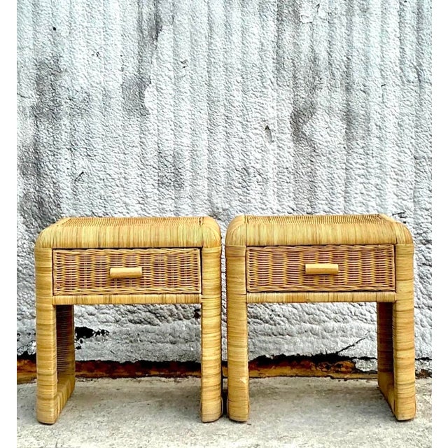 Vintage Coastal Woven Rattan Nightstands - a Pair For Sale - Image 10 of 16