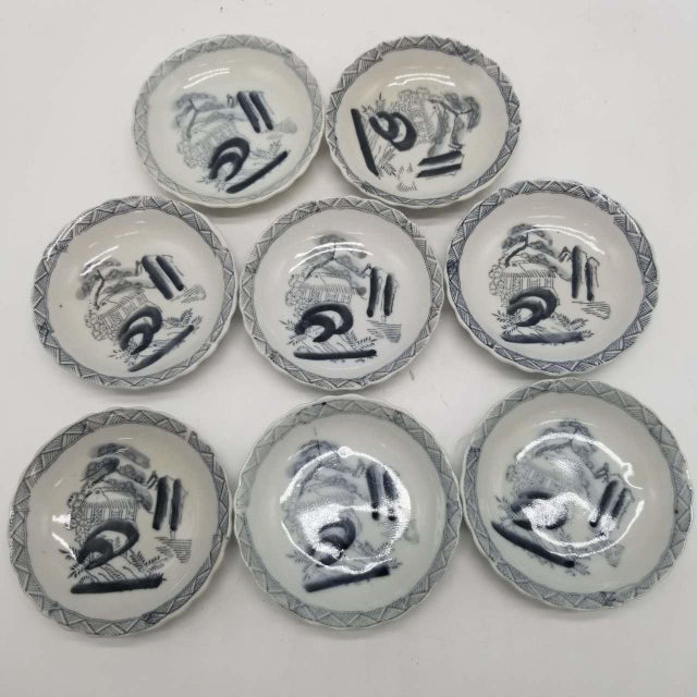 Late 20th Century Set of Small Japanese Blue and White Dishes With Landscape Motifs Set of 8 For Sale - Image 9 of 12