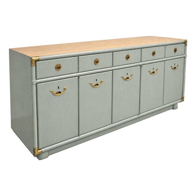 Professionally Refinished 1970s Drexel Accolade Campaign Buffet / Sideboard — Custom Sage Green For Sale
