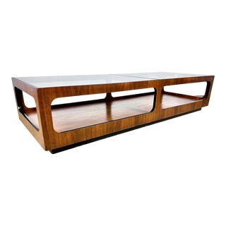 1970’s Mid Century Modern Walnut and Smoked Glass Plinth Coffee Table by Lane For Sale