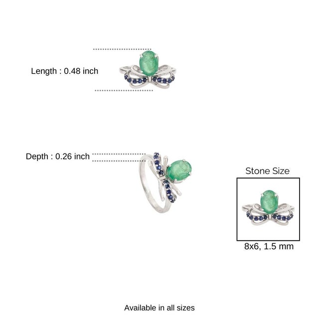 Modernist 8x6mm Emerald Solitaire Ring With Sapphire in Sterling Silver - Size 7 For Sale - Image 9 of 11