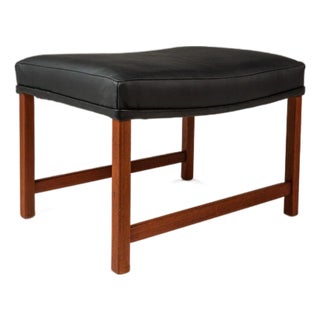 Mid-Century Danish Modern Rio Teak and Leather Ottoman / Footstool Attributed to Ole Wanscher for France & Søn, Denmark, Circa 1960s For Sale