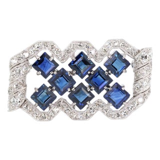 Mid 20th Century Platinum Diamond Sapphire Brooch Womens Vintage Art Deco Royalcore Estate For Sale