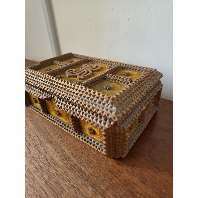 Wood Antique Tramp Art Box Hand Carved Folk Art Keepsake Box Monogram R Velvet Jewelry Box Primitive Wooden Storage Decor For Sale - Image 7 of 15