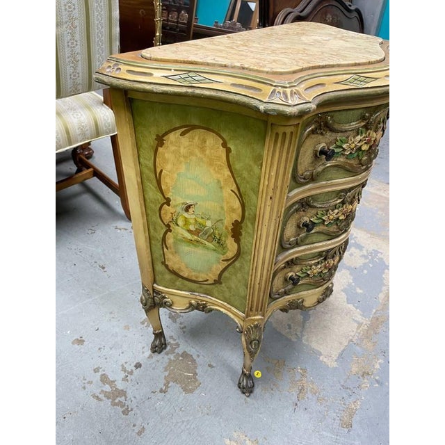 Antique 1920's Marble Topped Chest of Drawers / NIghtsand, French Revival, Hand Painted, Hand Carved Wood For Sale - Image 4 of 9