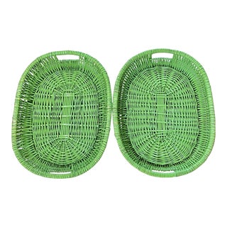 Pair of Vintage Coastal French Provincial Style Green Gloss Painted Wicker Gallery Trays For Sale
