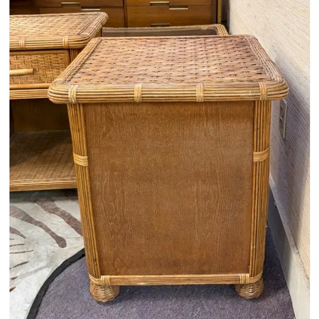 Wood Mid Century Wicker and Rattan Night Stands, End Tables For Sale - Image 7 of 7
