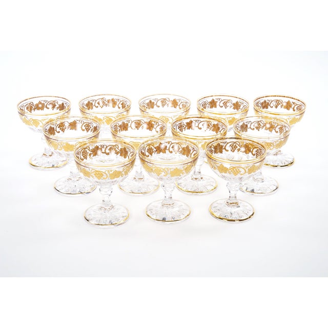 Traditional Val Saint Lambert Set of 12 Gilt Gold-Decorated Champagne Coupe Glass Service For Sale - Image 3 of 13