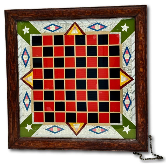 Fancy & Colorful Antique Oak Framed Reverse Painted Glass With Abalone Shell & Silver Foil Backed Wall Hanging Game Board For Sale - Image 4 of 18