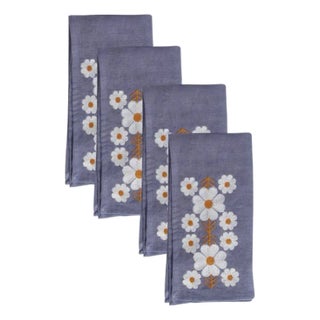 Sharland England Floral Embroidered Tulpina Napkins in Cornflower Blue - Set of 4 For Sale