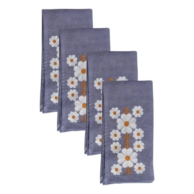 Sharland England Floral Embroidered Tulpina Napkins in Cornflower Blue - Set of 4 For Sale