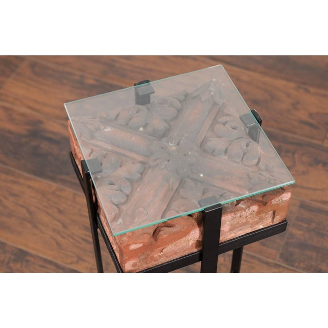 Brick Red Contemporary Side Table with Antique Italian Red Brick Top and Custom Iron Base For Sale - Image 8 of 9