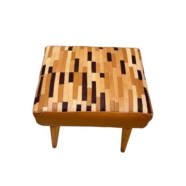 1950s Mid-Century Modern Ottoman in Beach and Leather, 1950s For Sale - Image 5 of 9