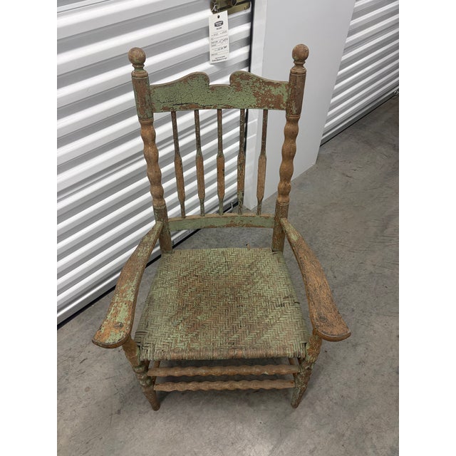 American Vintage American Primitive Distressed Green Spindle-Back Rush-Seat Armchair For Sale - Image 3 of 7