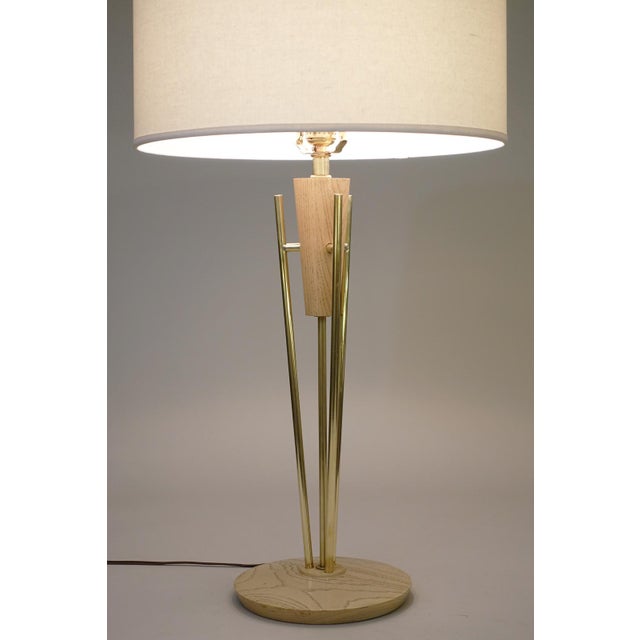 1930s Atomic Modern Brass Tripod Cerused Ash Wood Table Lamp Lightolier Gerald Thurston 1950's For Sale - Image 5 of 9
