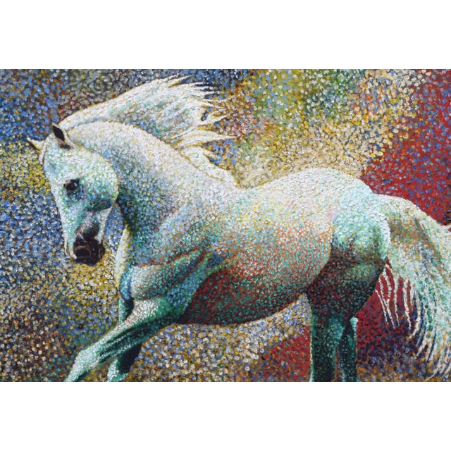 Large Vintage Pointilist Oil Painting of a White Horse With Rainbow Color Background For Sale - Image 4 of 6