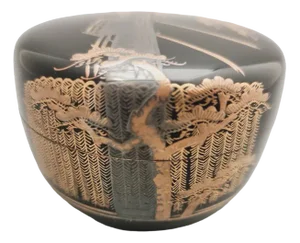 Vintage Japanese Netsuke Matcha Conatiner with Maki-E Lacquer in Black with Golden Bonsai Trees and Waterfall Under a Silver Bridge, 1960s