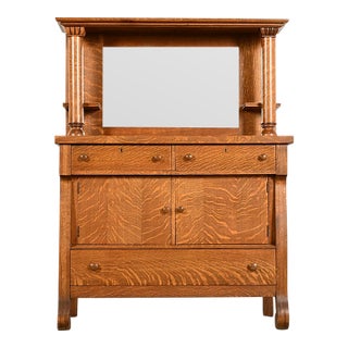 Antique American Empire Tiger Oak Sideboard With Mirrored Backsplash, Circa 1900 For Sale