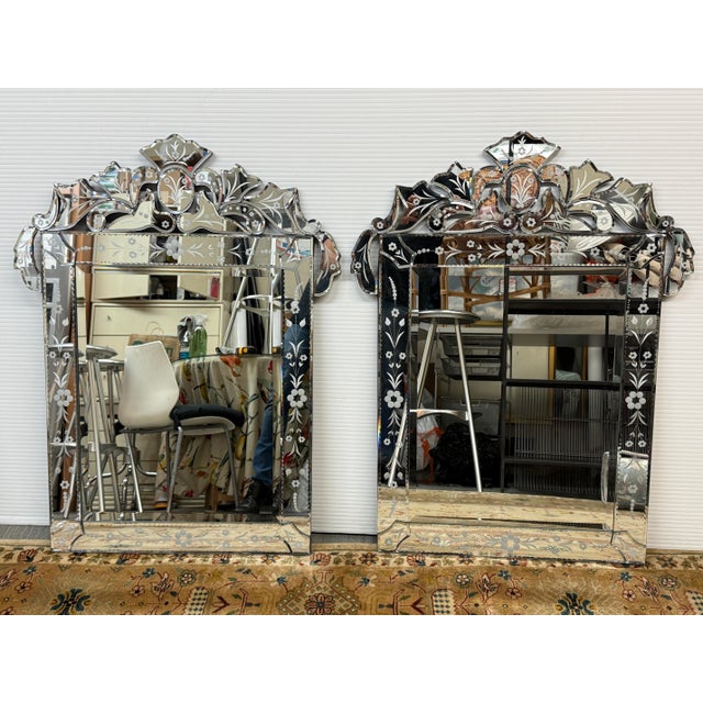 Design Plus Gallery presents a Pair of Gypsy Wall Mirrors with Venetian Style Cut + Etched Glass. The pair of romantic...