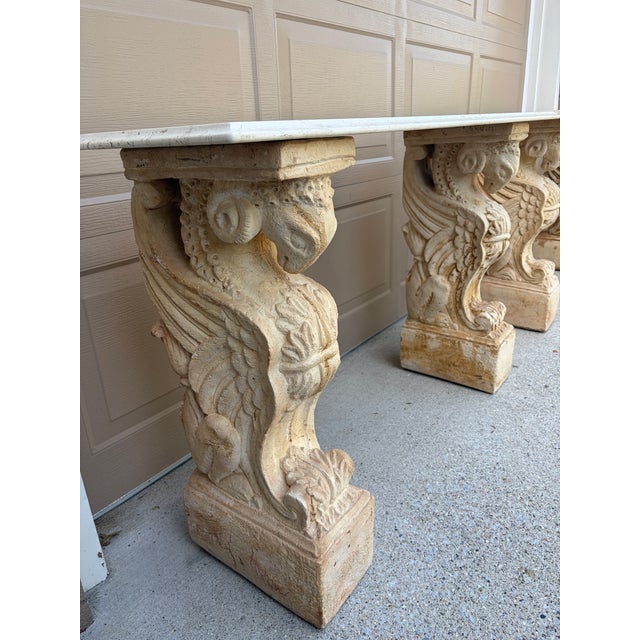 Late 20th Century Pair of Neoclassical Travertine Consoles With Winged Figural Bases For Sale - Image 9 of 14