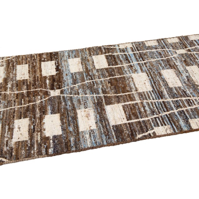 Modern Moroccan Style Handmade Brown Geometric Wool Runner For Sale In New York - Image 6 of 7