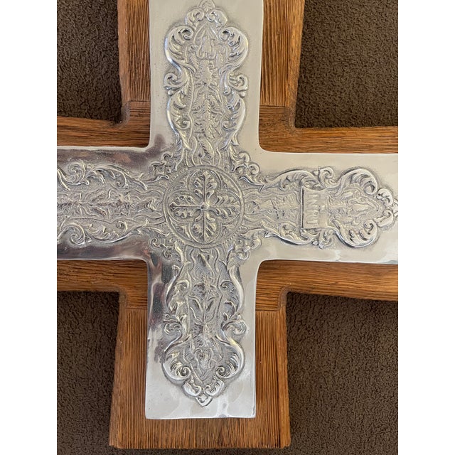 Rustic Wood Wall Cross With Ornate Silver Overlay For Sale - Image 3 of 8
