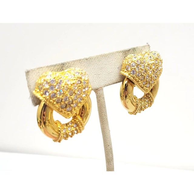 Escada Vintage Signed Escada Goldtone Rhinestone Heart Doorknocker Clip Earrings - 2 Pieces For Sale - Image 4 of 10
