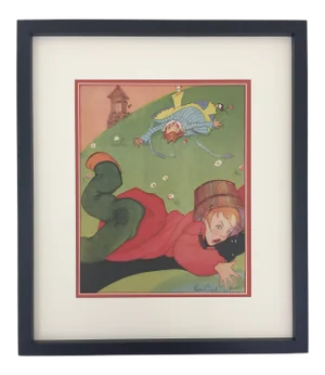 1930's Framed "Jack and Jill" Framed Nursery Rhyme Print by Fern Bisel Peat