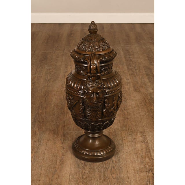 Neoclassical Style Large Pair Of Cast Bronze Covered Urns With Figural Relief For Sale - Image 14 of 18