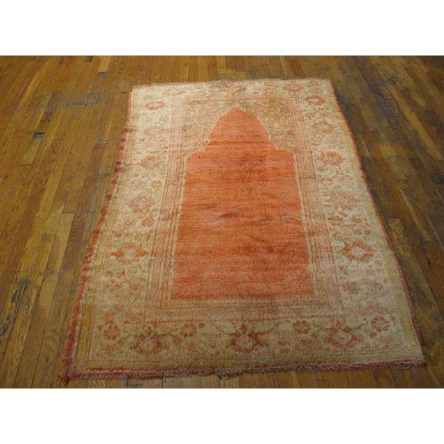 Tribal Luxurious Soft Pile Antique Coral Turkish Tribal Small Size Islamic Muslim Prayer Design Angora Oushak Rug For Sale - Image 3 of 6