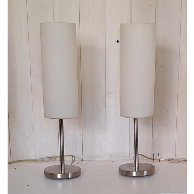 Vintage Table Lamps with Metal Frame and Opaque White Glass Shade, 2000s, Set of 2, in Very Good conditions. Designed from...