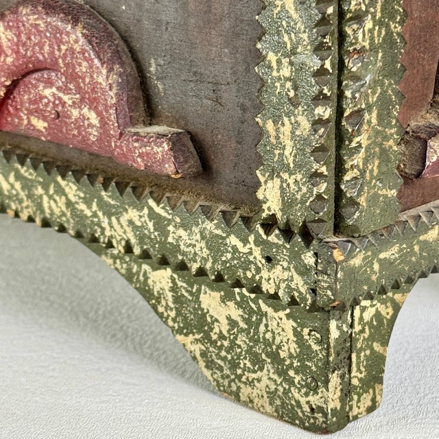 Vintage Painted Tramp / Folk Art Sewing Box With Large Pincushion Top & Red Heart Carving For Sale - Image 17 of 18