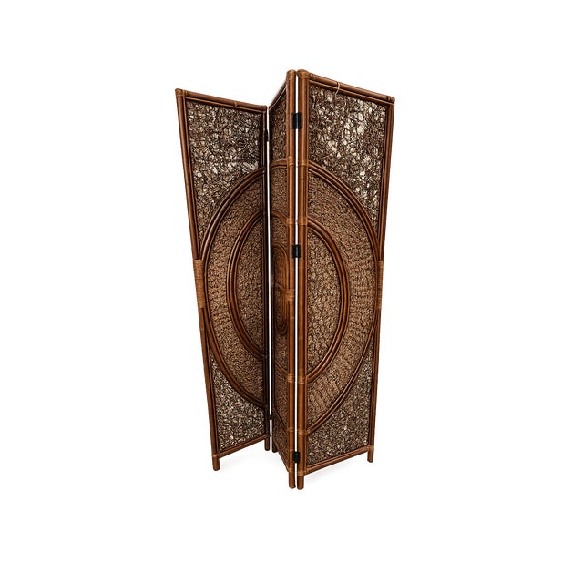 Mid 20th Century Vintage Dark Rattan 3-Panel Folding Screen Room Divider For Sale - Image 5 of 5