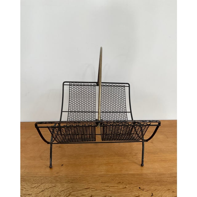 Mid-Century Modern Mid 20th Century Modern Perforated Black Iron Magazine Rack For Sale - Image 3 of 12