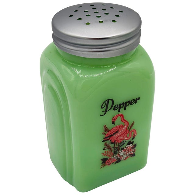 Mid-Century Jadeite Green Glass Pink Flamingos Salt and Pepper Set For Sale - Image 9 of 13