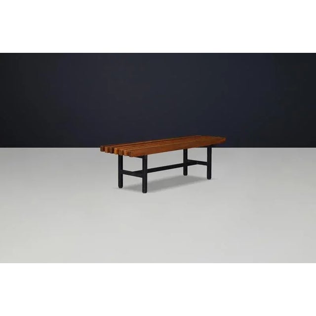 Mid-Century Modern Slatted Teak and Metal Frame Bench, 1960s For Sale - Image 4 of 10