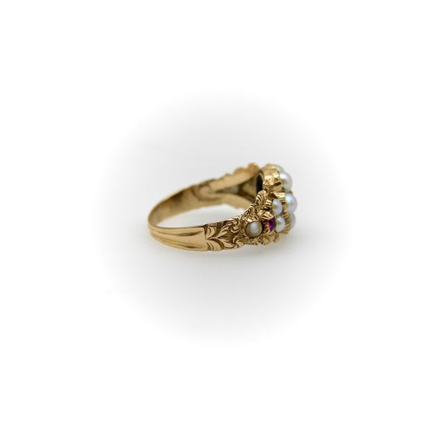 Metal Mid 19th Century 15k Gold Early Victorian Flower Ring With Pearl and Ruby, Size 5.5 For Sale - Image 7 of 10