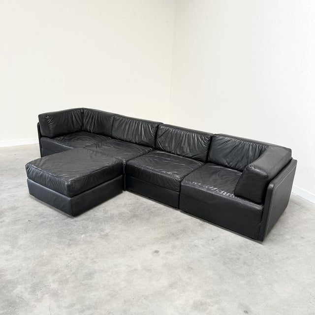 Modular Lounge Set in Black Leather, 1970s, Set of 5 For Sale - Image 11 of 11