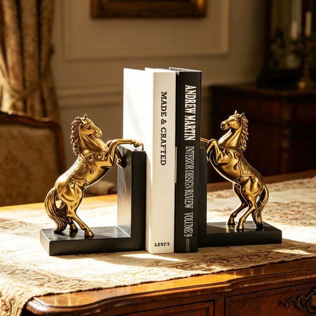 This is a striking pair of sculptural bookends, featuring rearing horses in a dynamic, powerful pose. The horses are...