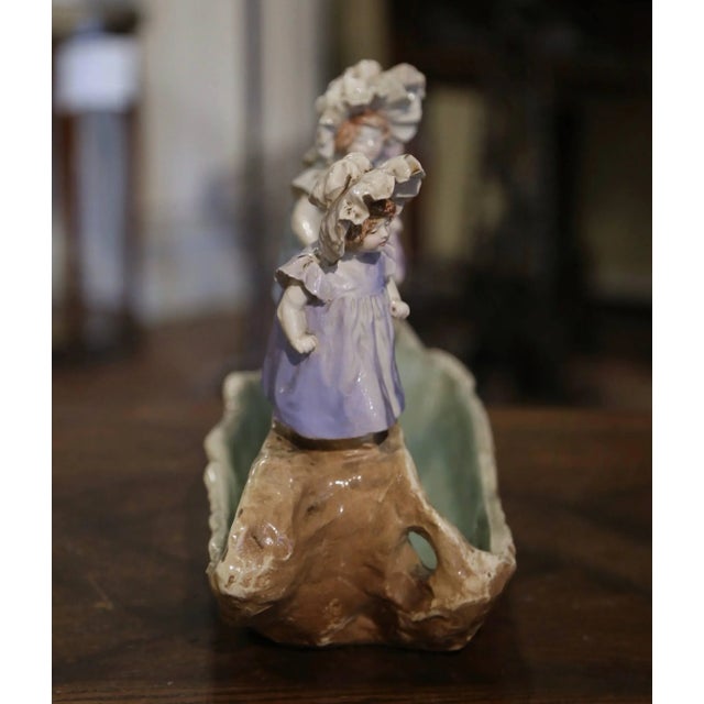 Tan 19th Century French Barbotine Centerpiece Jardinière With Young Girls For Sale - Image 8 of 11
