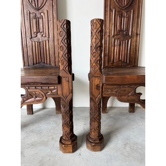 Brown Antique Spanish Gothic Revival Carved Wood Throne Chairs – A Pair/ Sold For Sale - Image 8 of 12