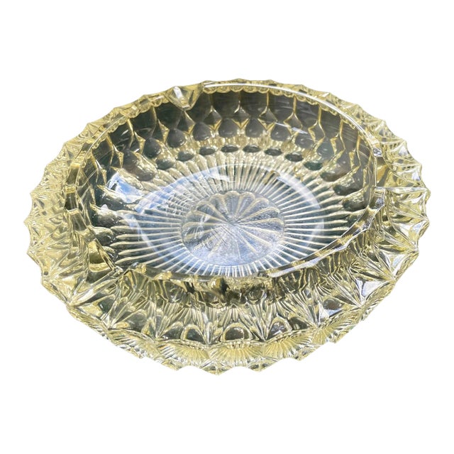 Vintage Glass Ashtray – Large Heavy Glass Dish With Yellow Tint Catchall For Sale