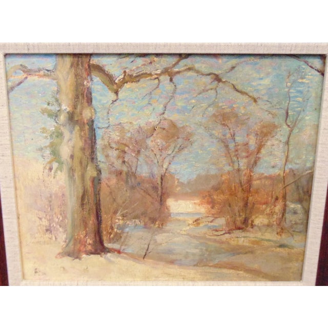 Impressionist Antique Oil Painting "Murray Pond Outside Stockbridge" by Robert Woodberry 17Wx14H Framed For Sale - Image 3 of 10