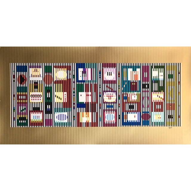 Agam Yaacov Yaacov Agam, Yaacov Agam Large Silkscreen Colors on Gold Signed Israeli Kinetic Op Art Print, c.1980 For Sale - Image 4 of 8